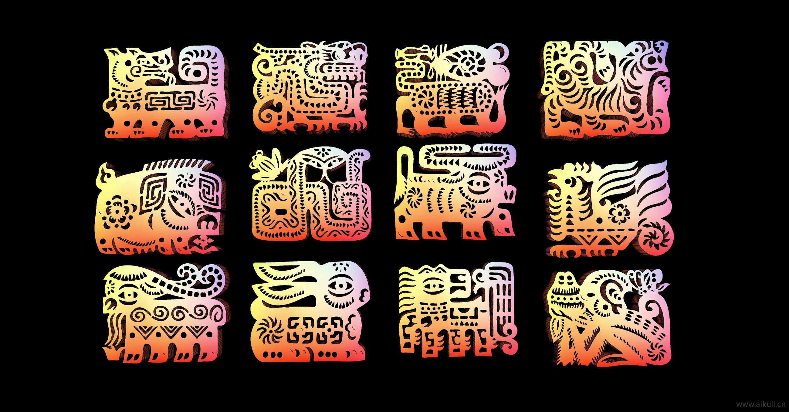 2D动物生肖剪纸剪影