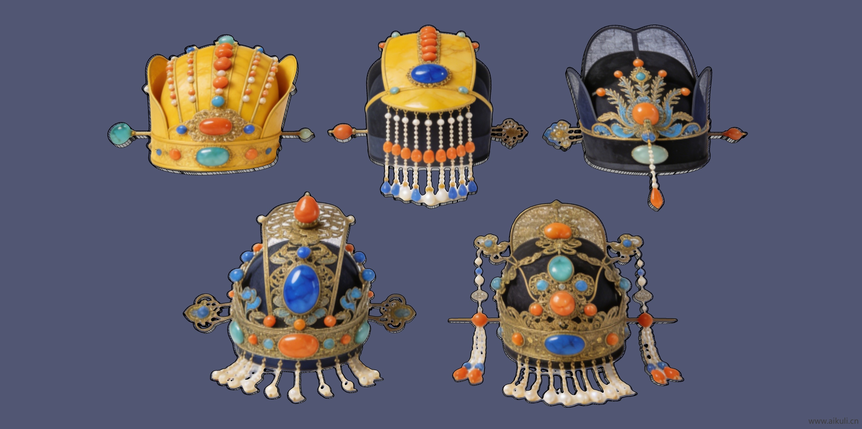 现代2D头饰秦汉时期皇妃帽 戏曲装饰服饰剪影五款具有清代宫廷风格的“朝冠”（或称“官帽”）3D建模图，其设计融合了满族与汉族礼制元素，是皇室、后妃或高阶命妇在重大典礼时佩戴的礼冠。