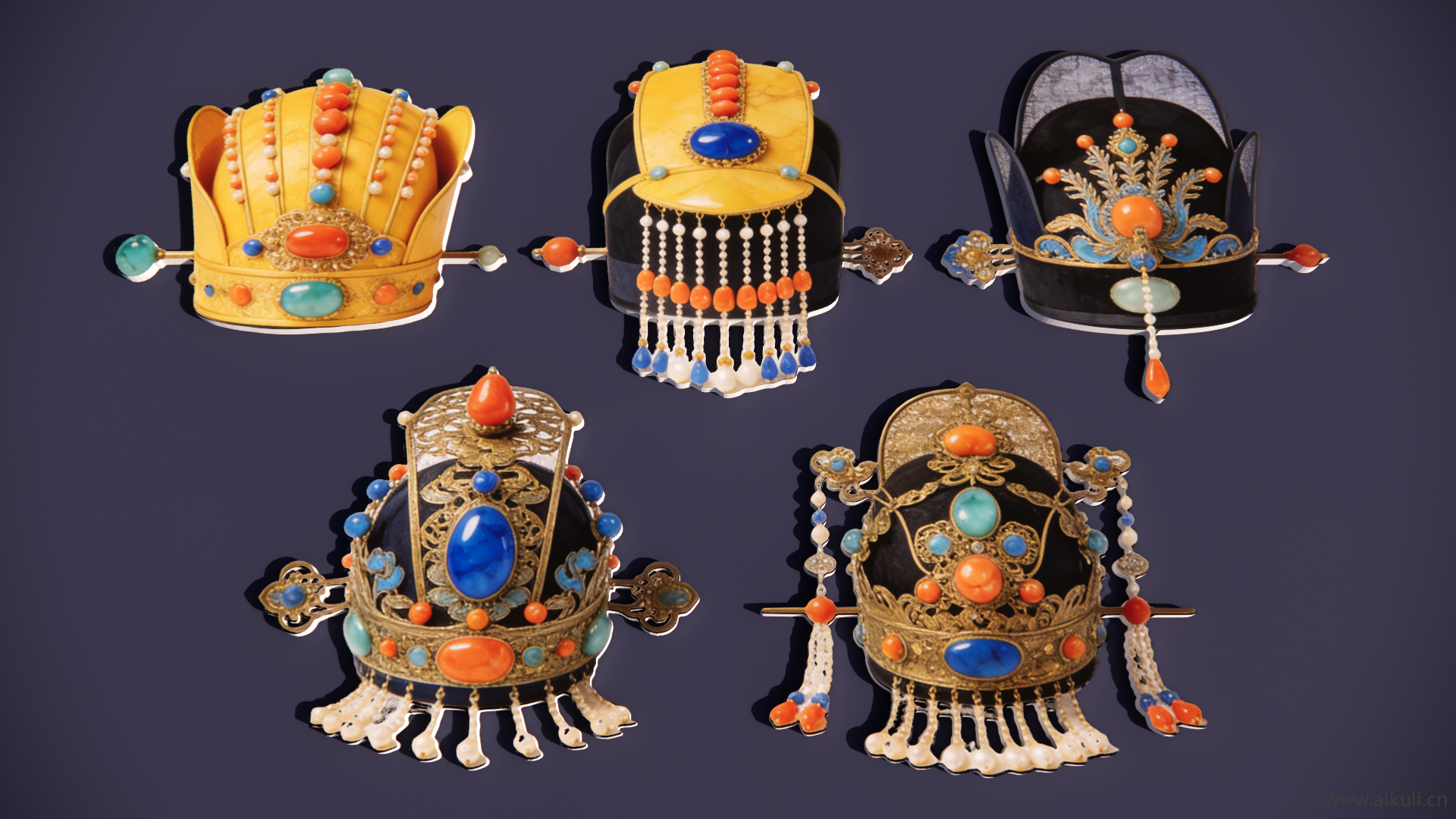 现代2D头饰秦汉时期皇妃帽 戏曲装饰服饰剪影五款具有清代宫廷风格的“朝冠”（或称“官帽”）3D建模图，其设计融合了满族与汉族礼制元素，是皇室、后妃或高阶命妇在重大典礼时佩戴的礼冠。
