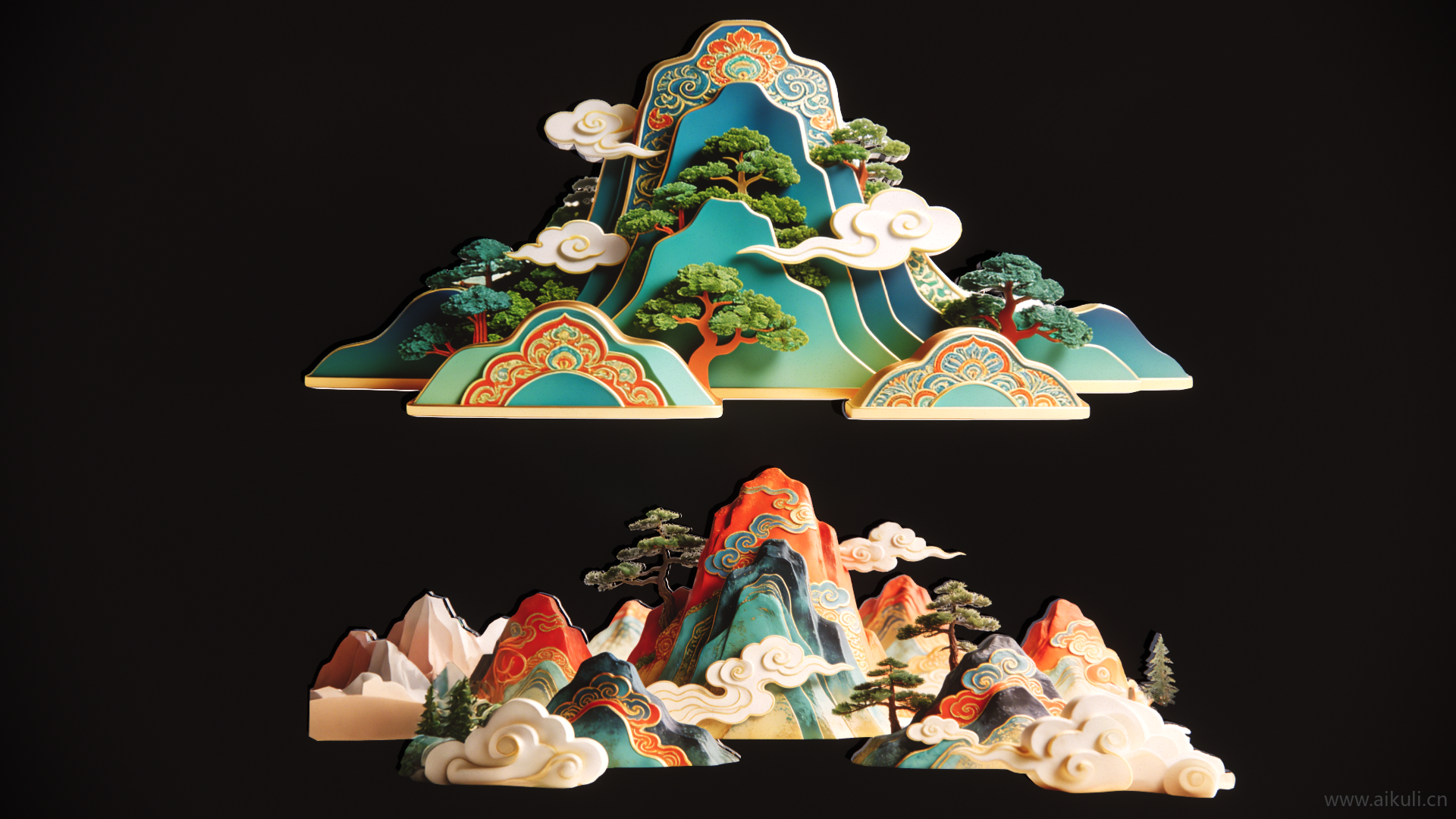 2D中式国潮山水云立体剪影