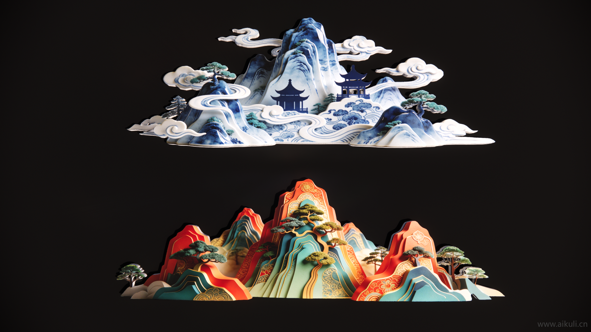 2D中式国潮山水云立体剪影A
