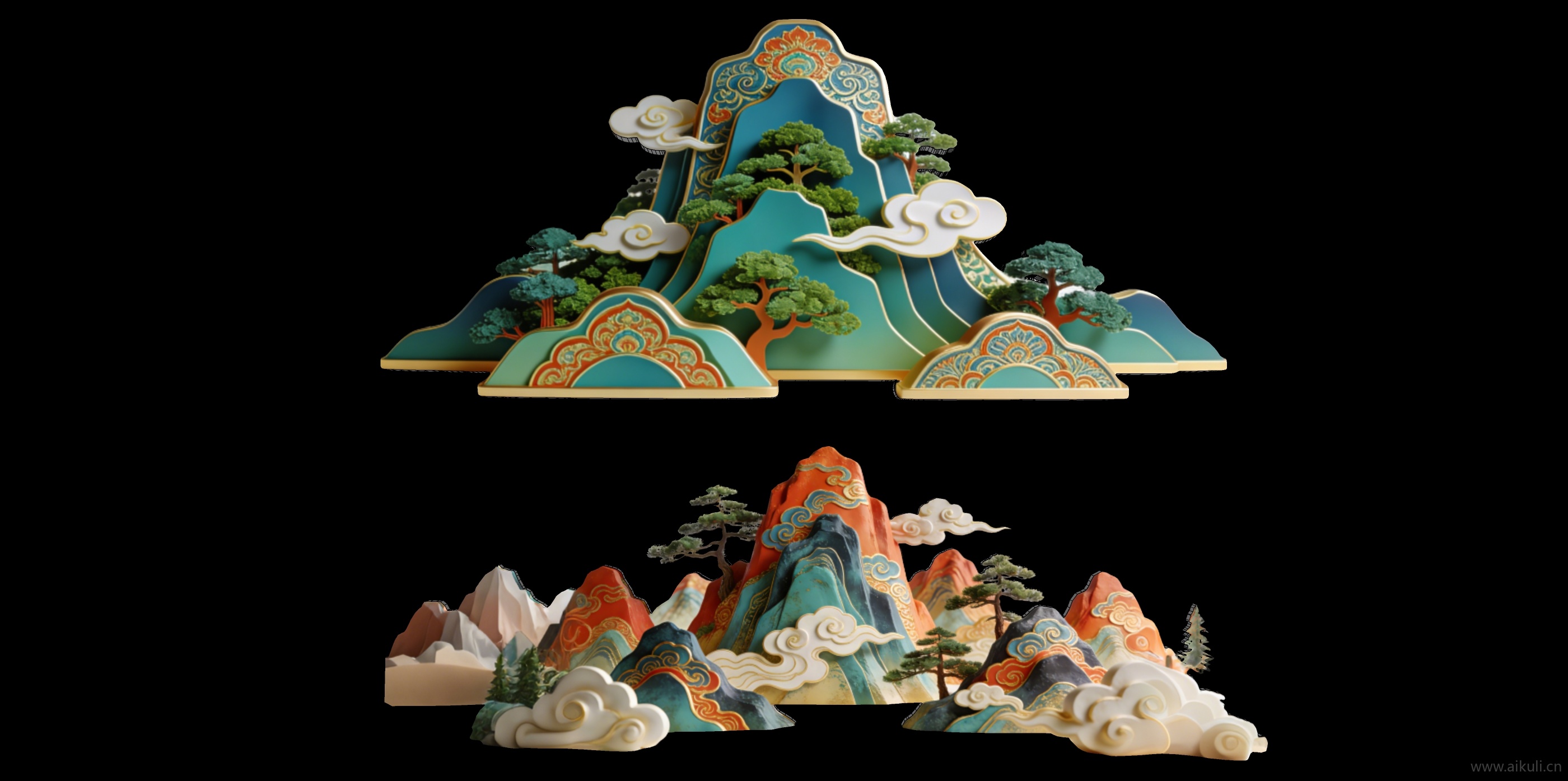 2D中式国潮山水云立体剪影