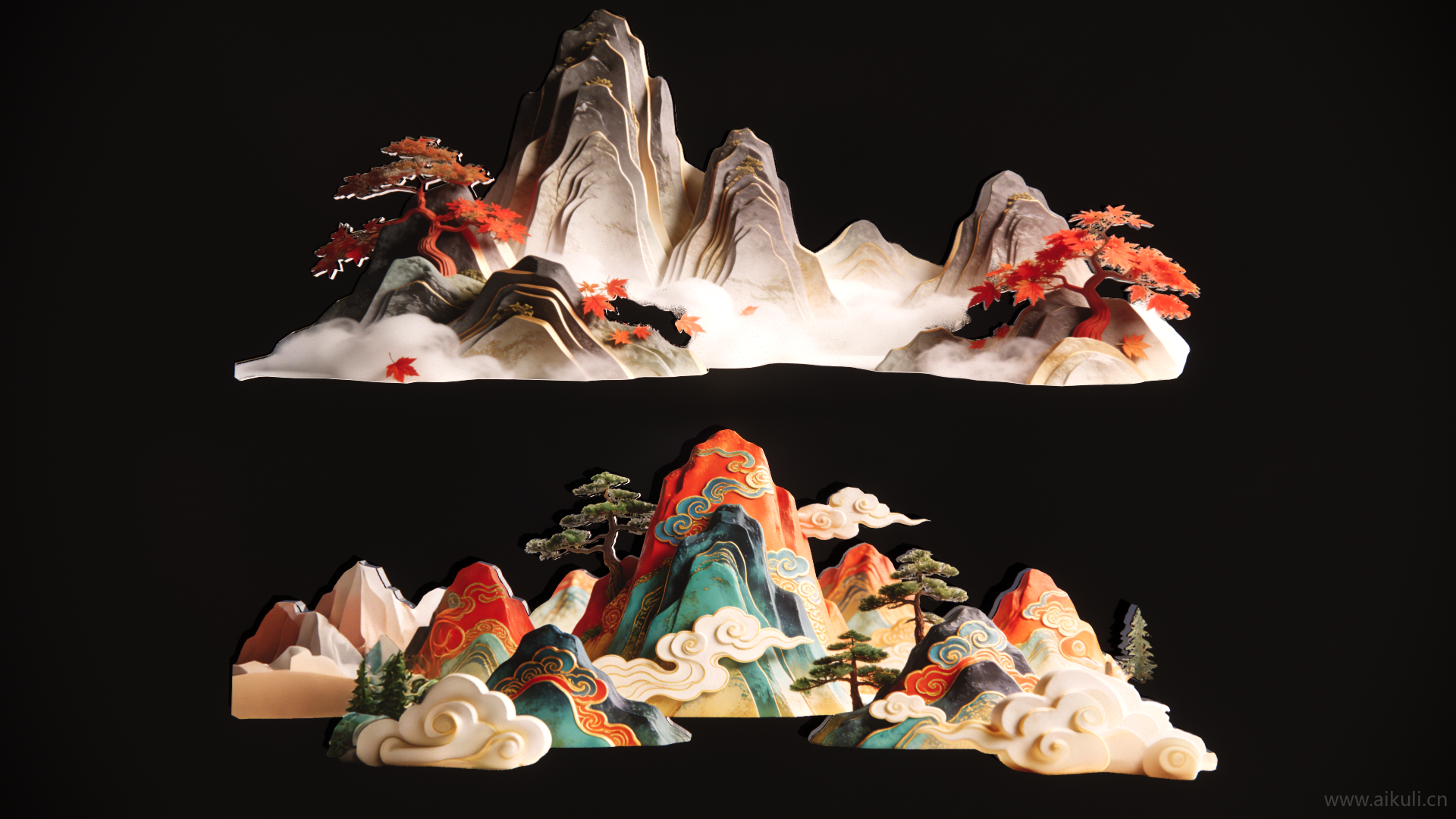 2D中式国潮山水云剪影