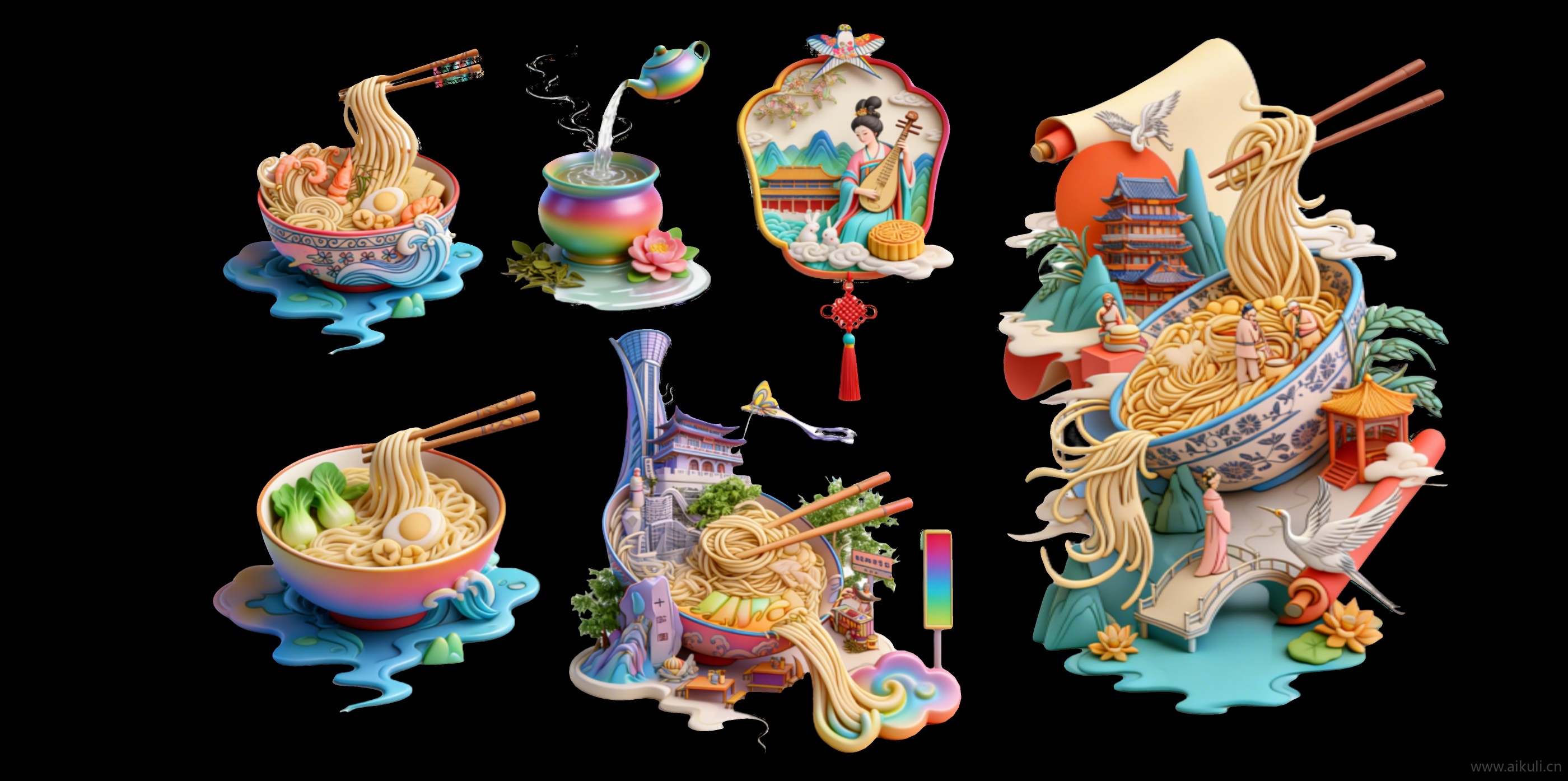 新中式餐饮 粉面2D背景墙网红打卡剪影