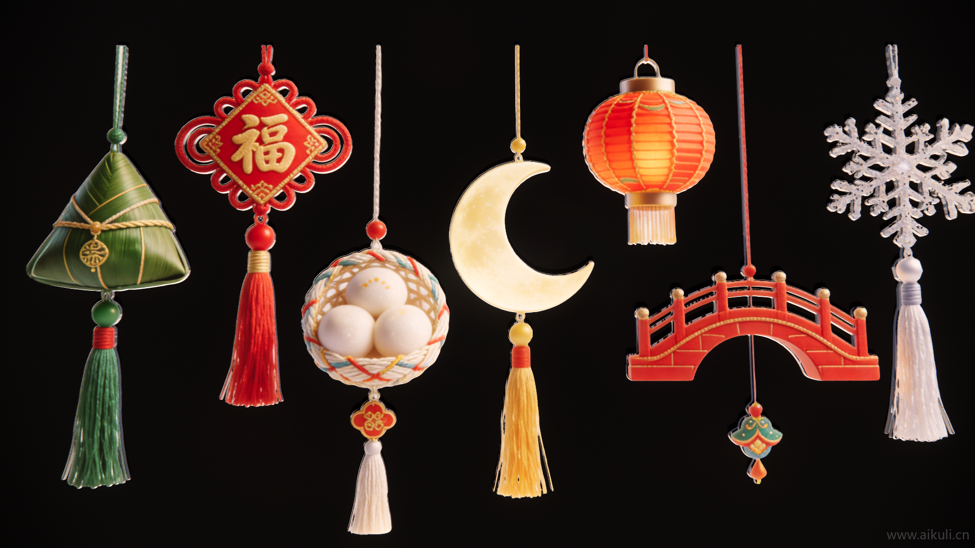 节庆新年2D吊串流苏中国结剪影1艺术装置